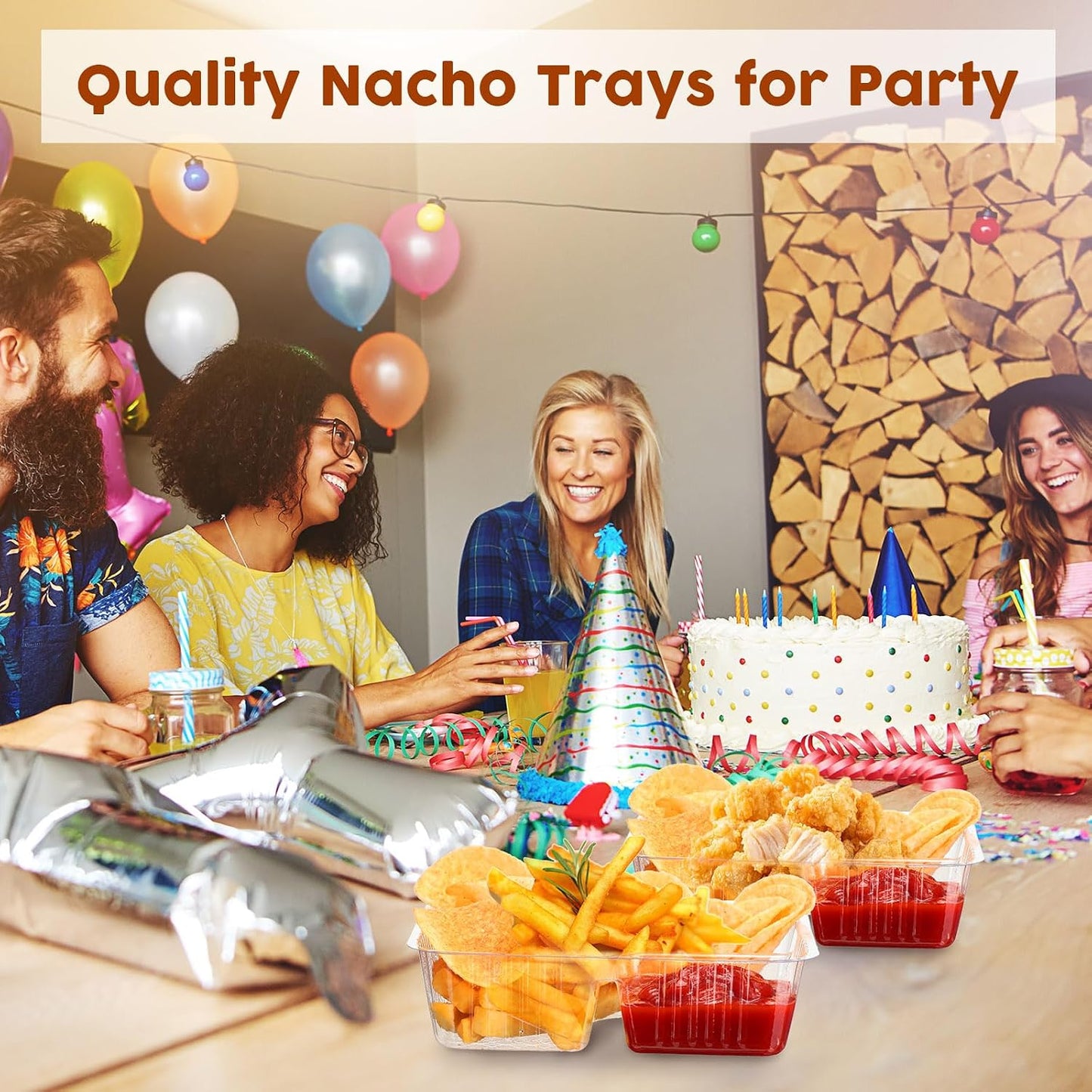 Vesici 100 Pcs 12oz Nacho Trays Disposable 2 Compartment Food Snack Tray Concession Stand Supplies Movie Night Clear Plastic Cheese Dip and Chip Holder for Candy School