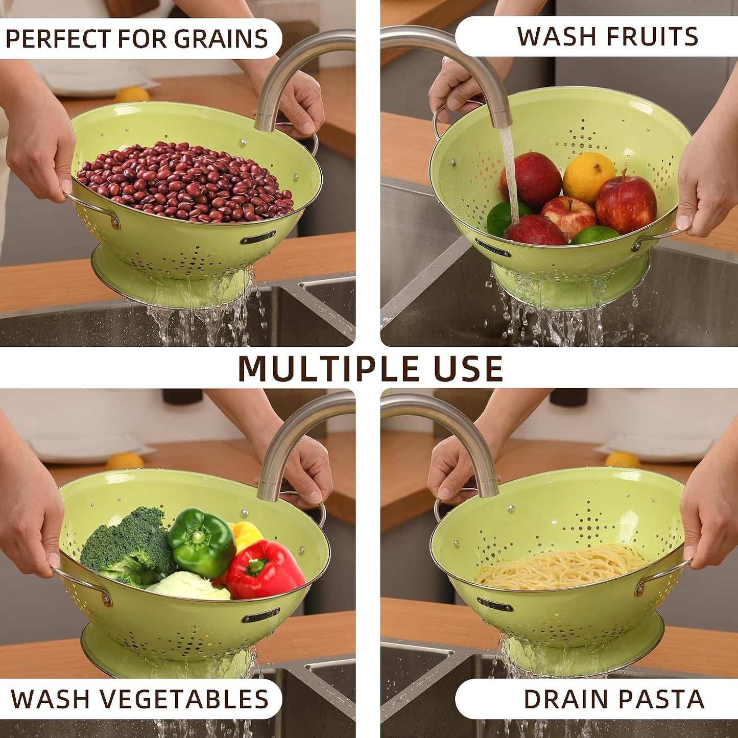 Metal Colander 2 Pack, Strainer Bowel with Handles 2Qt & 6Qt Powder Coated Solid Ring Base Heavey Duty Kitchen Drainer Basket for Pasta Veggies and Fruits,New Home Apartment Essentials (Almond Cream)
