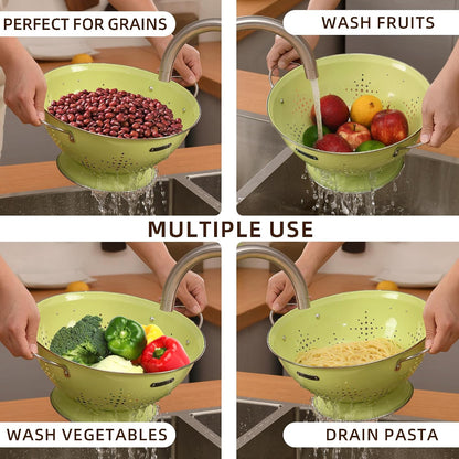 Metal Colander 2 Pack, Strainer Bowel with Handles 2Qt & 6Qt Powder Coated Solid Ring Base Heavey Duty Kitchen Drainer Basket for Pasta Veggies and Fruits,New Home Apartment Essentials (Almond Cream)