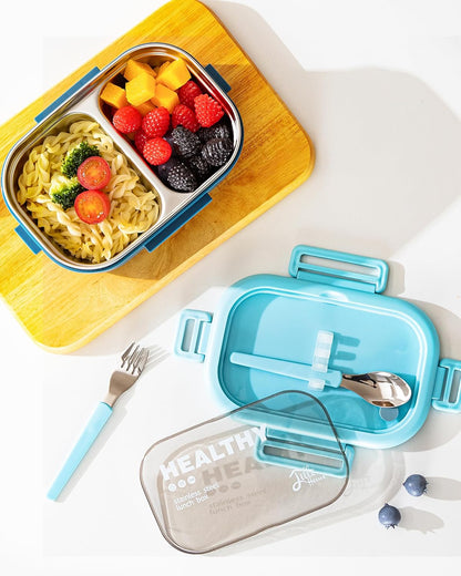 Lille Home 28oz Stainless Steel Leakproof 2-Compartment Bento Lunch Box/Portion Control Food Container with Lunch Bag and Cutlery Set, BPA Free (pink)