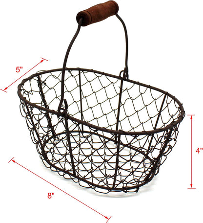 CVHOMEDECO. Metal Wire Small Egg Baskets Rust Fruit Baskets with Wooden Handle Country Vintage Style Storage Baskets. Set of 2