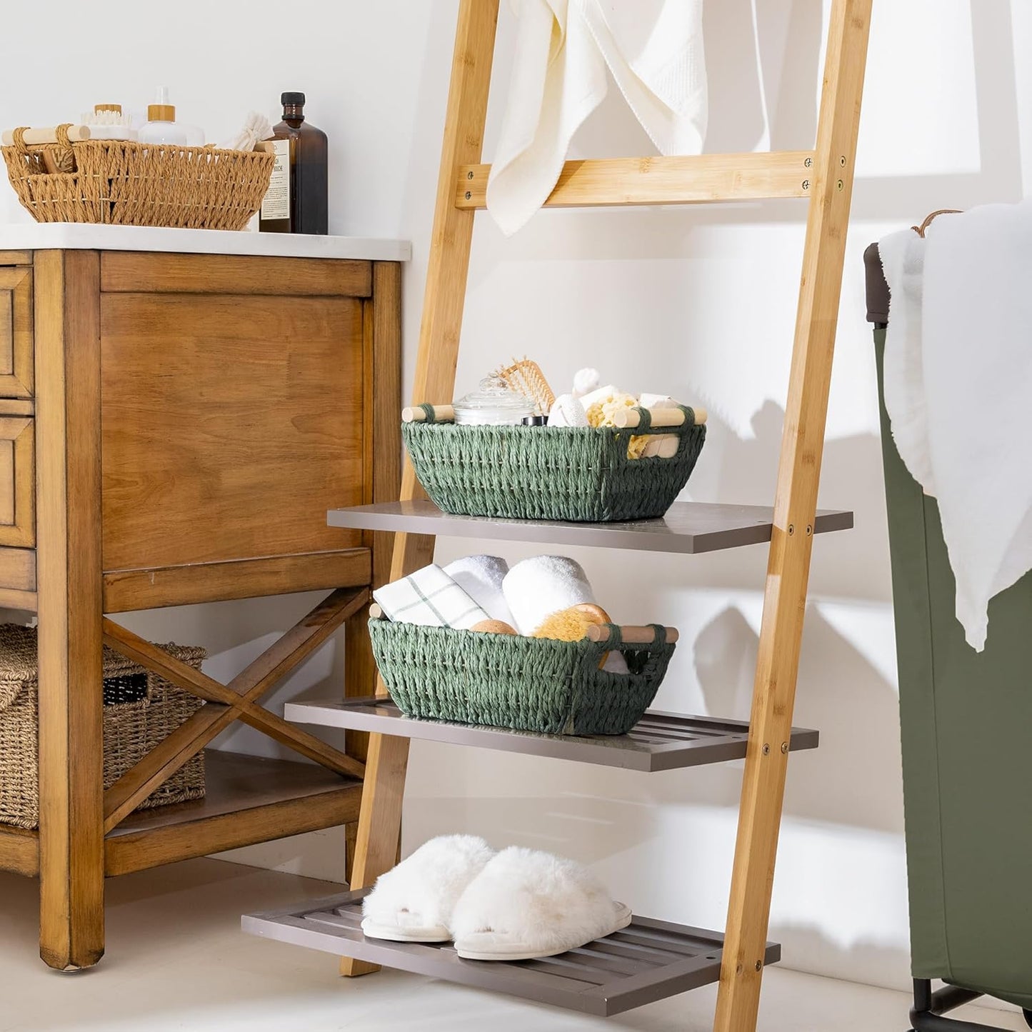 StorageWorks Hand-Woven Storage Baskets with Wooden Handles, Water Hyacinth Wicker Baskets for Organizing, 2 Pack