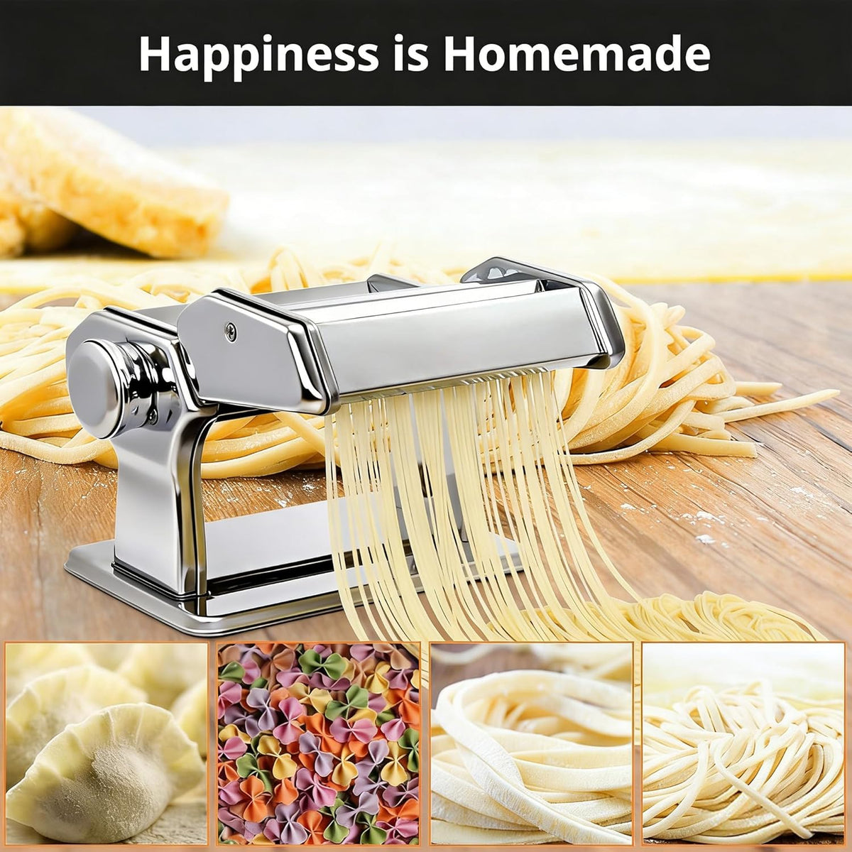 Pasta Maker, METLUCK Stainless Steel Pasta Machine Manual Roller Pasta Maker with 9 Thickness Settings for Spaghetti Linguine Fettuccine Lasagne, Includes Dough Cutter & Hand Crank