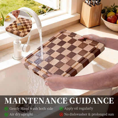 WILLKOMMEN Checkered Cutting Board Set, 3-Piece Wood Checkerboard End Grain Chopping Boards with Holder & Juice Groove Wooden Kitchen Cutting Board for Cooking and Serving (S, M, L)