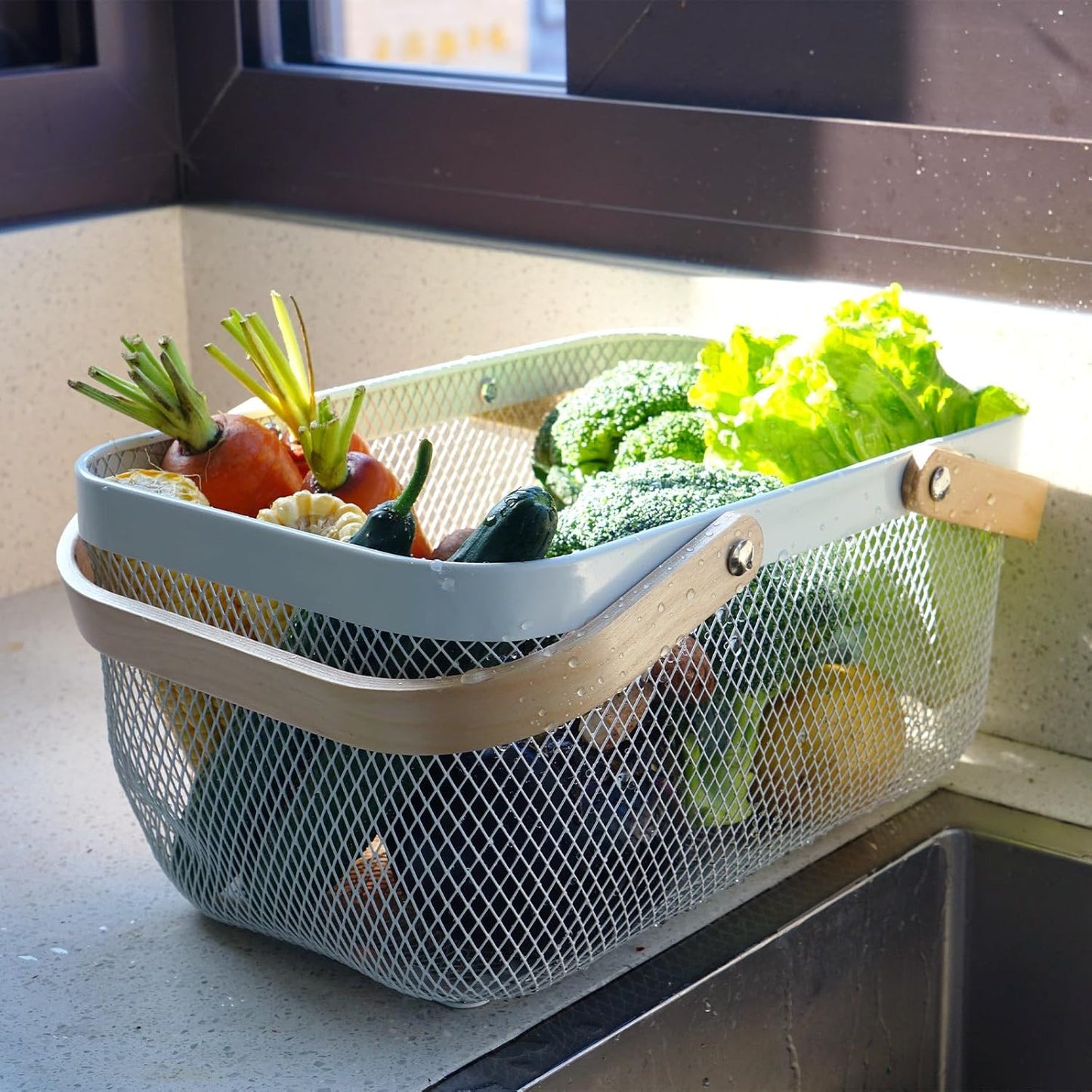 Metal Mesh Steel Harvest Basket, Rectangle Wire Garden Basket with Handle – Multi-functional Storage Organizer for Gathering Vegetables, Fruits, Kitchen, Garden, Picnic & Cabinet (Ivory)