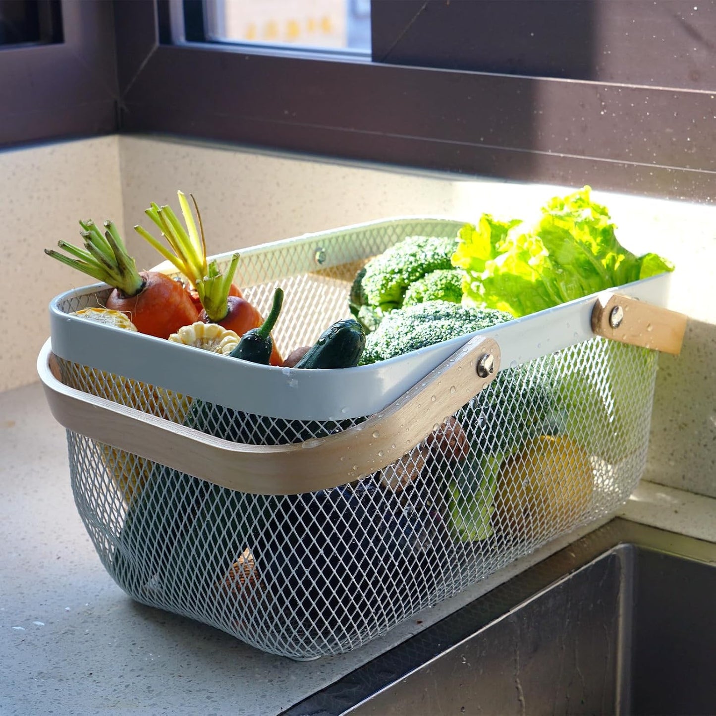 Metal Mesh Steel Harvest Basket, Rectangle Wire Garden Basket with Handle – Multi-functional Storage Organizer for Gathering Vegetables, Fruits, Kitchen, Garden, Picnic & Cabinet (Ivory)
