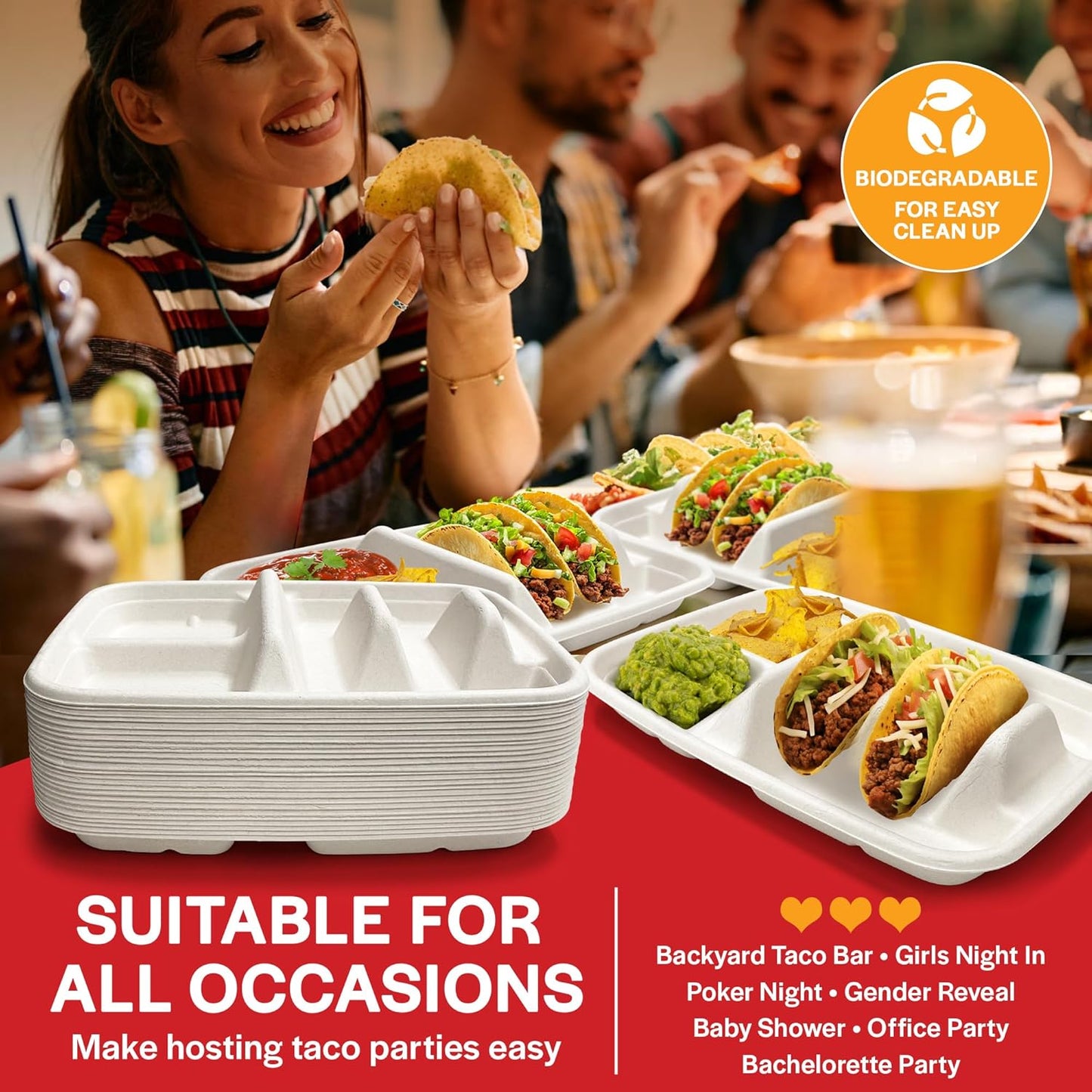 White Disposable Taco Plates for 2 Tacos & 2 Sides – 50 PACK | Premium Paper Plates with Dividers, Fiesta Taco Holder, Taco Stand for Taco Tuesday & Taco Bar Serving Set (White, 50 plates)