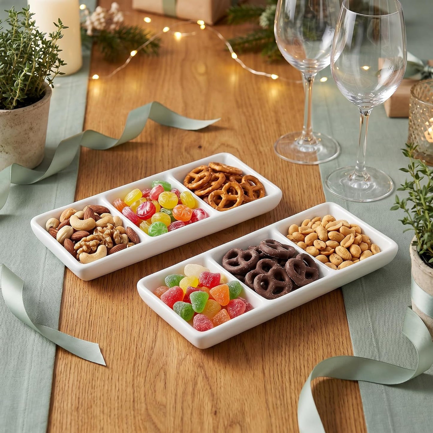 DOITOOL Ceramic Divided Serving Tray 5.8 inch, 4 Pack 3 Compartment Appetizer Tray White Stackable Chip and Dip Serving Dish Condiment Server for Entertaining, Snack Food Dessert, Dishwasher Safe