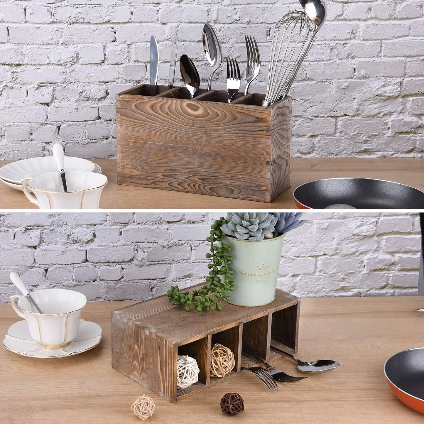 WuGeShop Wood Cutlery Caddy, Kitchen Utensil Organizer with 4 Compartments, Silverware Storage Kitchen Countertop Flatware Organizer