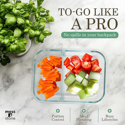 Moss and Stone Rectangular Borosilicate Glass Meal Food Containers - Prep Food Storage Containers Airtight - Snap Locking Lids – Microwave, Oven, Freezer, Dishwasher Safe – with 2 Compartment 2 Pack