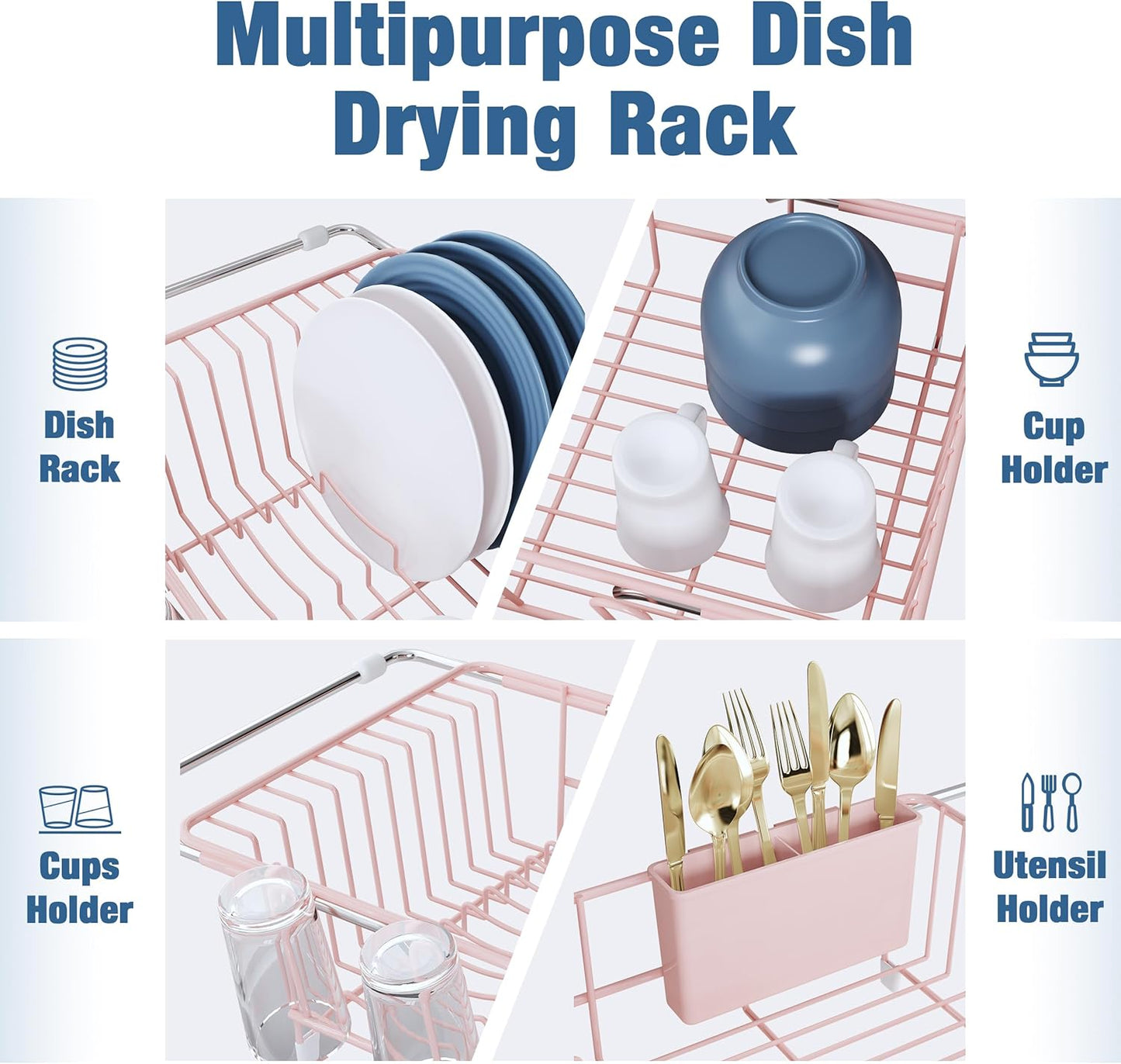 JASIWAY Dish Drying Rack in Sink, Expandable Stainless Steel Dish Drainers for Kitchen Counter, Dish Dryer Rack for Inside Sink, Over The Sink Dish Racks with Utensil Holder, Silver