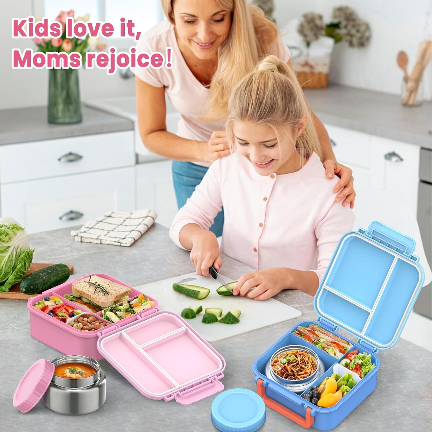 JOOPETALK Bento Lunch Box Set for Kids with 9oz Soup Thermo, Insulated Lunch Bag,Leak-proof BPA-free Lunch Food Container with 3-4 Conpartments for School Travel-Blue