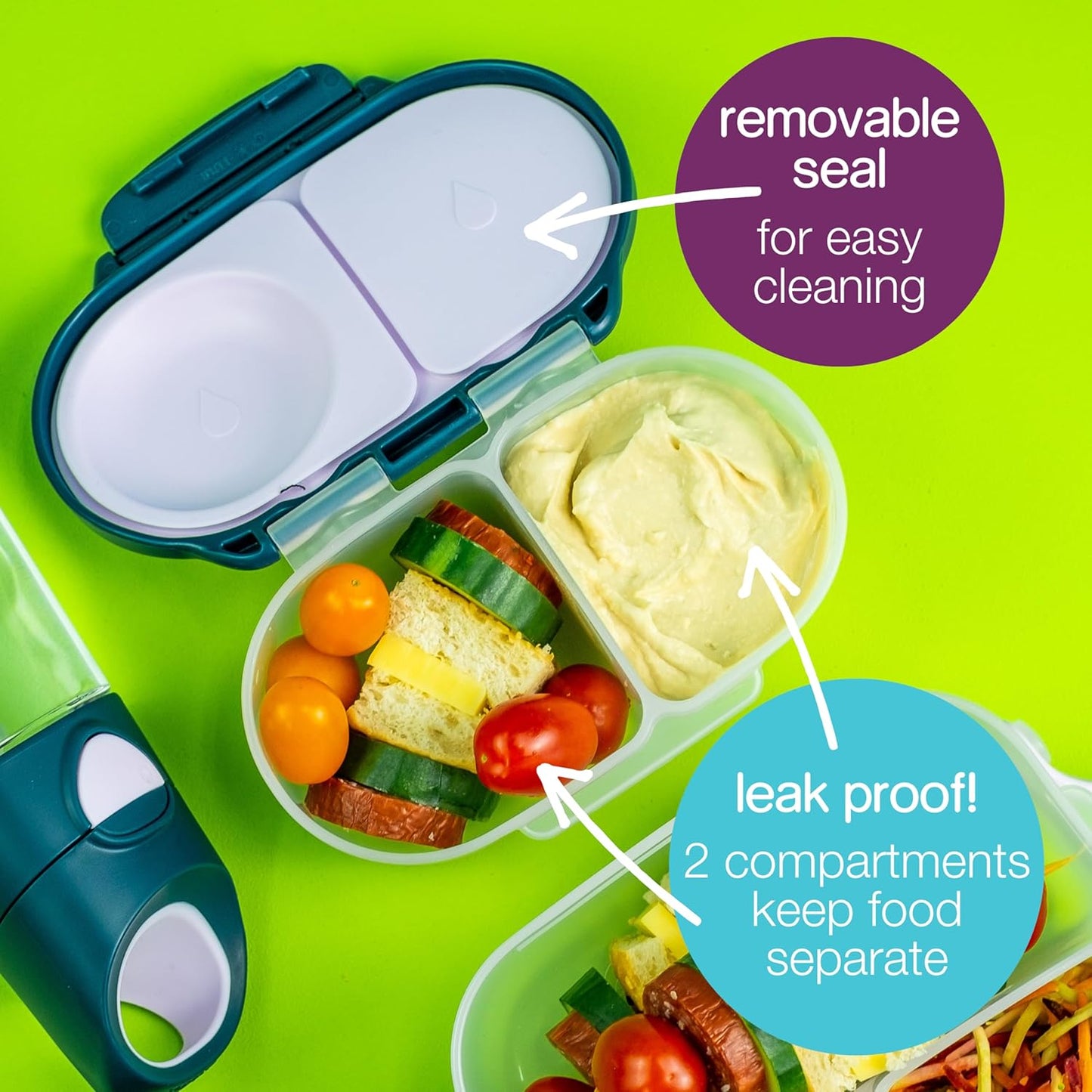 b.box Snack Box 2-Pack - Leak Proof Mini Bento Box for Kids & Toddlers, 2 Compartment Snack Containers for Kids, Dishwasher Safe, BPA-Free, PFAS-Free, Ages 4mo+, 1 3/4 Cup Each (Strawberry + Lilac)