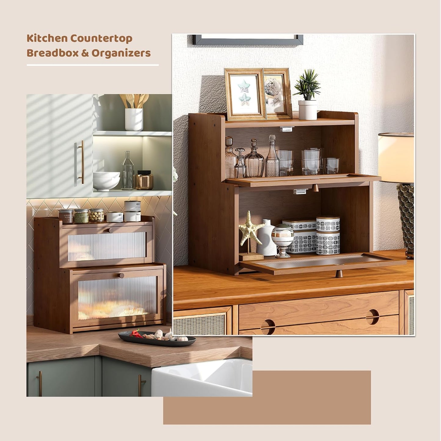 FILWH Bread Box for Kitchen Countertop Double Layer Large Corner Bread Box Capacity Bread Storage Bin Farmhouse Breadbox Container Organizer Cabinet Cupboard Black
