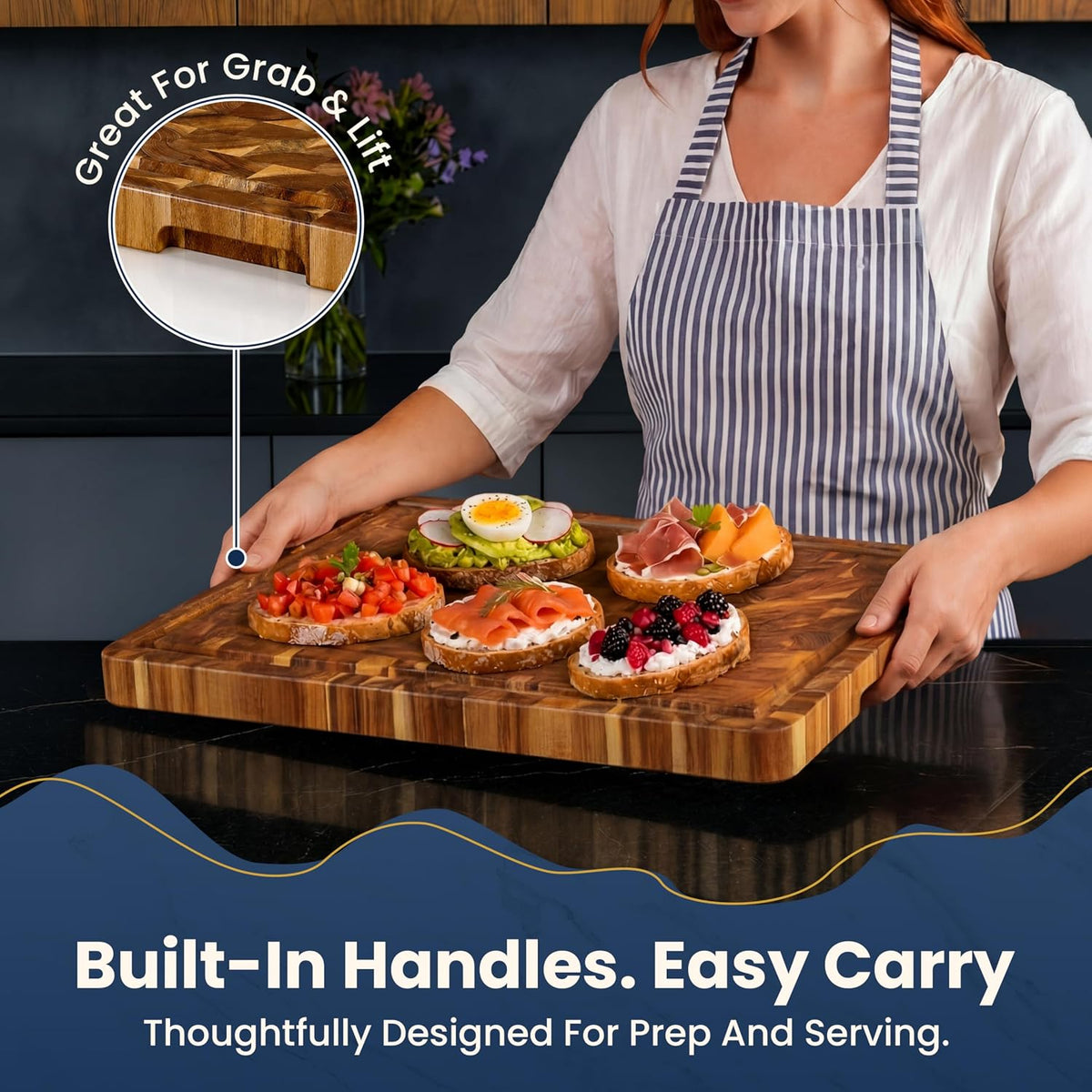 HOMESTEAD End Grain Acacia Wood Cutting Board 23x18x1.5, Reversible Butcher Block Board for Kitchen with Deep Juice Groove, Handles, Knife-Friendly Surface for Meat Chopping and Charcuterie Serving