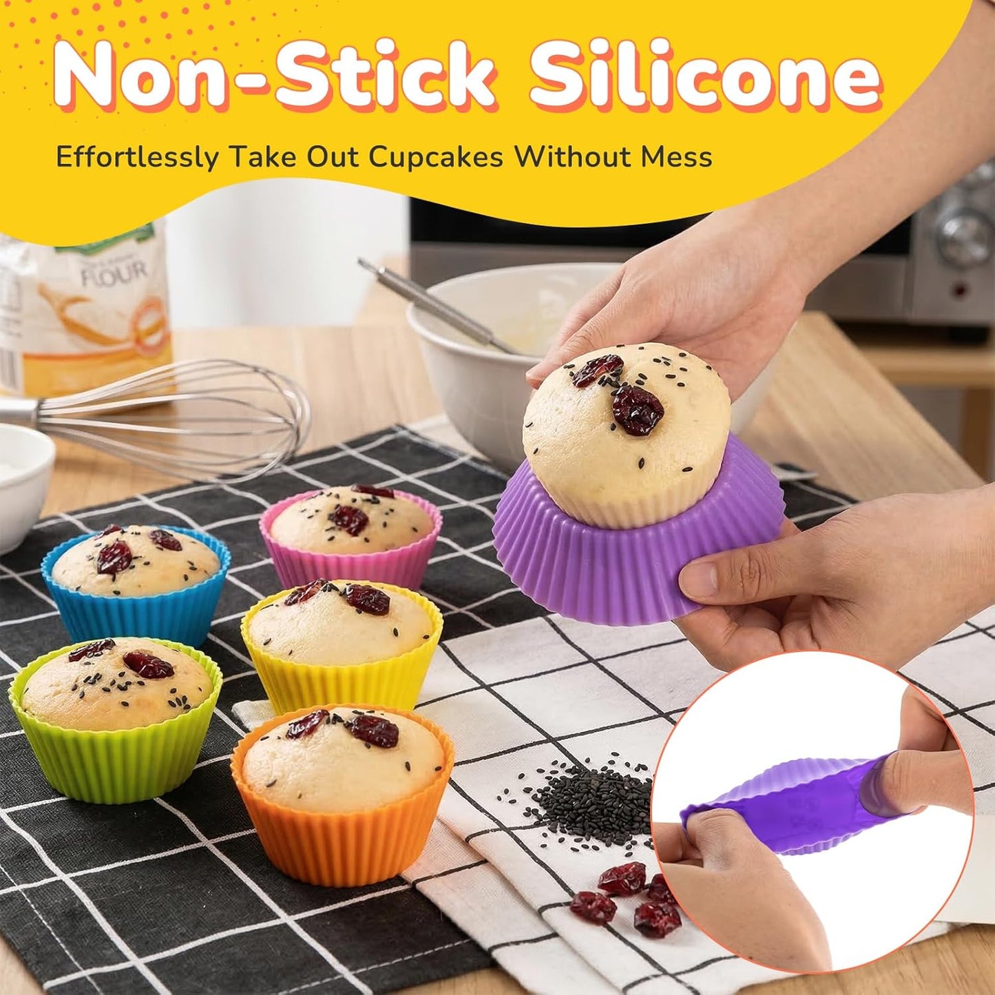 24 Pack Silicone Cupcake Liners for Baking, Multi-color Reusable Silicone Baking Cups, Non-Stick and Flexible Muffin Liners, Easy to Clean, for Cupcake, Muffins and Party Treats (6 Colors)