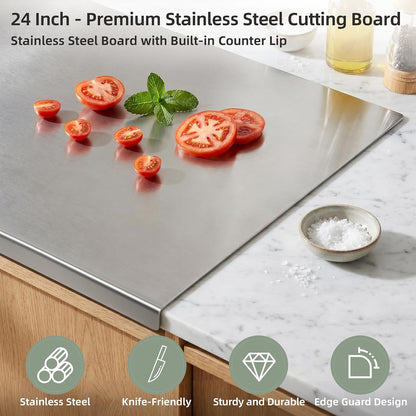 Stainless Steel Cutting Board Set with Lip, 2 Pack 16" & 24" Metal Chopping Boards for Kitchen Countertop, Non-Slip Food Prep Boards for Meat & Vegetables