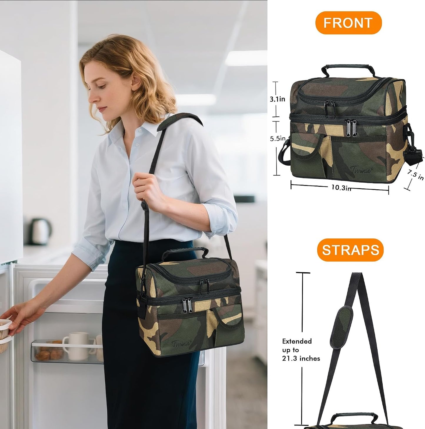 Tirrinia Reusable Lunch Box for Men Women, Insulated Lunch Bag Adult Work, Double Decker Leakproof Lunchbox for Office Picnic Beach—Dual Compartment Lunch Cooler Bag