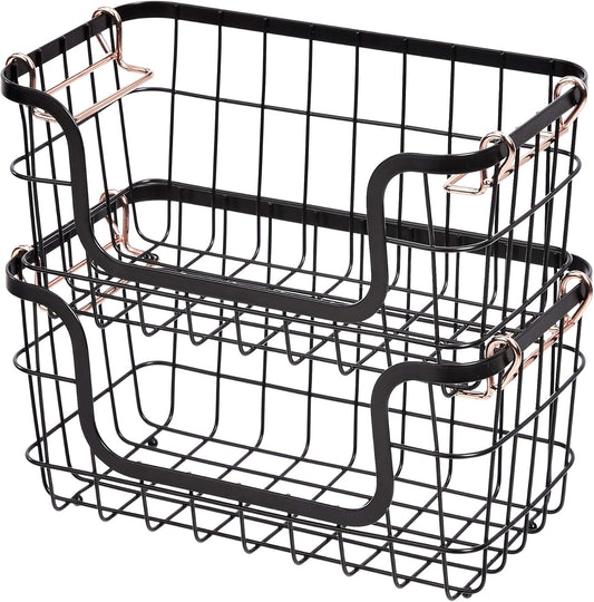 Amazon Basics Stackable Metal Wire Rectangular Storage Baskets for Kitchen, Bathroom or Pantry Organizing, 2 Count, Black