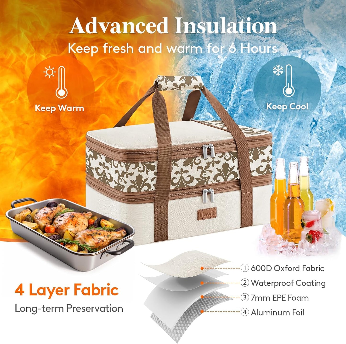 Lifewit Insulated Double Decker Casserole Carrier, Expandable Lasagna Lugger Tote Bag for Hot or Cold Food, Fits 9" x 13" Baking Dish for Potluck Parties, Picnic and Cookouts, Grey-Geometric