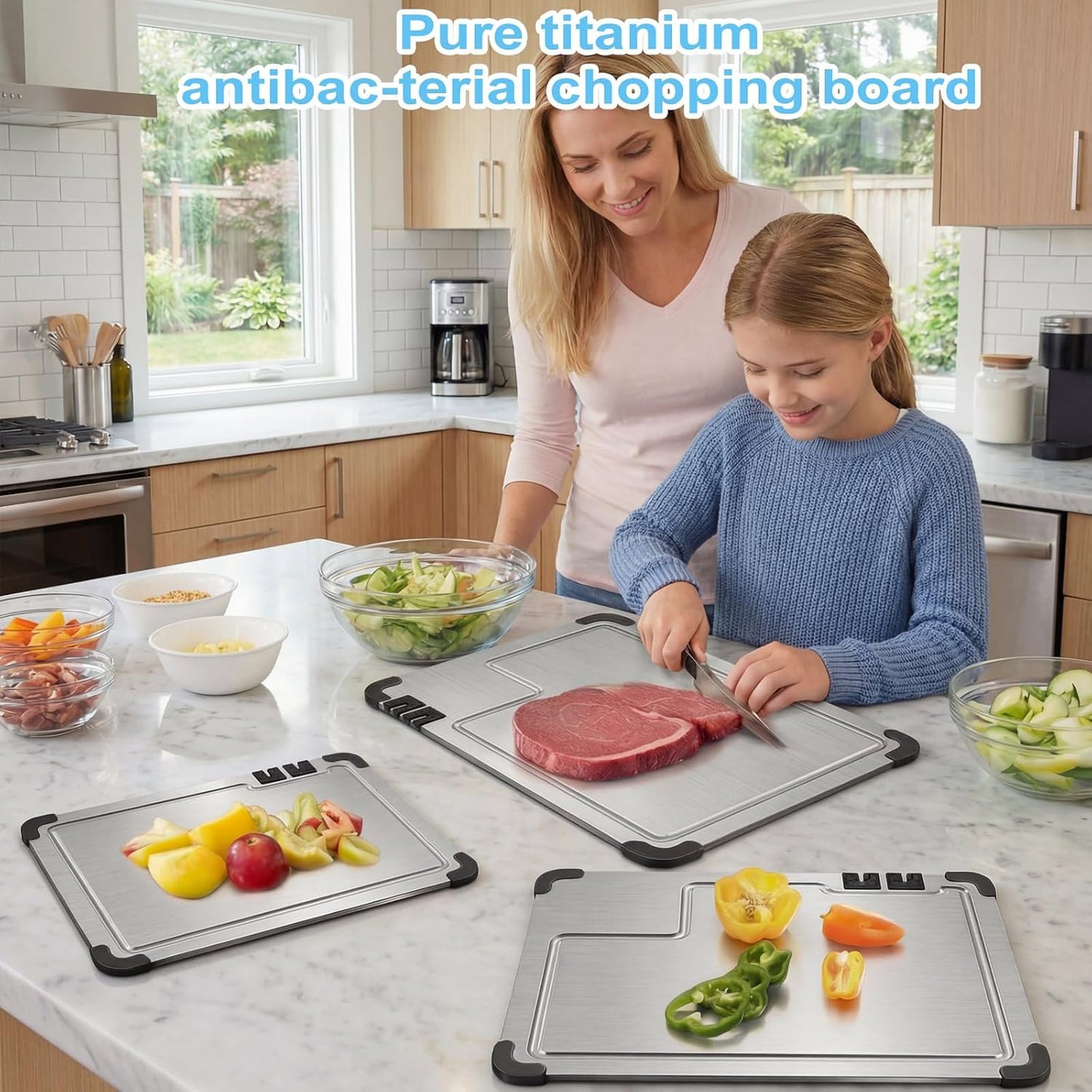 3-Piece Titanium Cutting Board Set with Dual-Stage Knife Sharpener,Double Sided Food-Grade Chopping Board,Non-Slip Feet,Deep Juice Groove,Heavy Duty,Hygienic & Dishwasher Safe Kitchen Chopping Boards