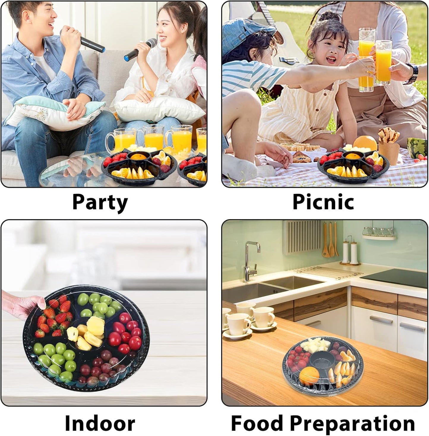 12Pcs Disposable Fruit Trays, Round Plastic Appetizer Serving Tray with Lid 5 Compartment Party Platters Divided Food Dip Containers for Snack Vegetable Salad Veggie Fruit Organizer-Black