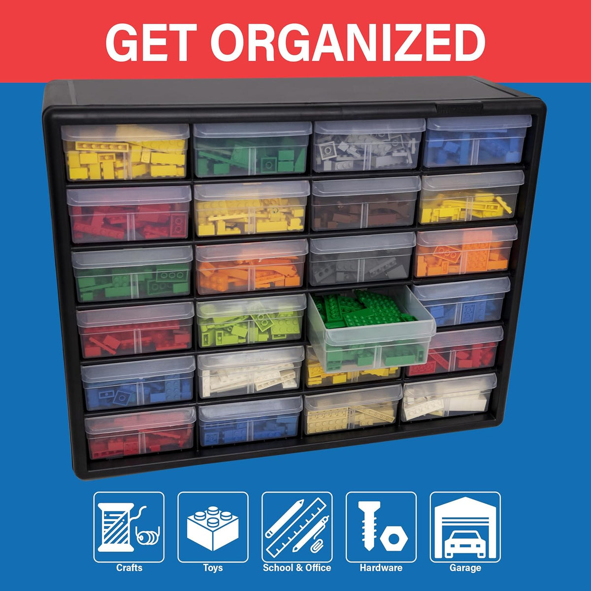 Akro-Mils 44-Drawer Plastic Drawer Storage Cabinet for Garage Organization, Bead Organizer, Building Bricks Storage, Teacher Toolbox, Makeup Organizer, 20" W x 6" D x 16" H, 10144 Black