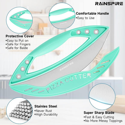 Rainspire 12" Pizza Cutter Rocker Blade Stainless Steel Pizza Rocker with Cover Sharp Blade Pizza Knife Dishwasher Safe Kitchen Gadgets Home Essentials, Black
