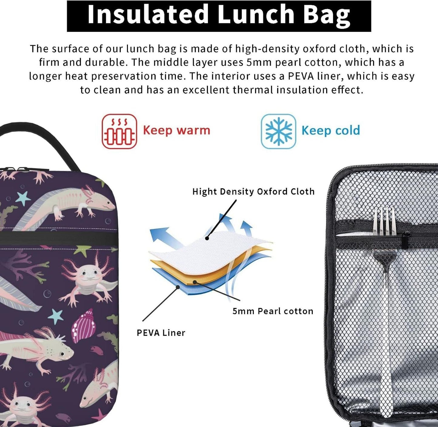 Purple Axolotl Lunch Box Lunch Box Reusable Insulated Totes Lunch Bag Thermal Cooler For Boy Girls School Men Women Beach Picnic Travel