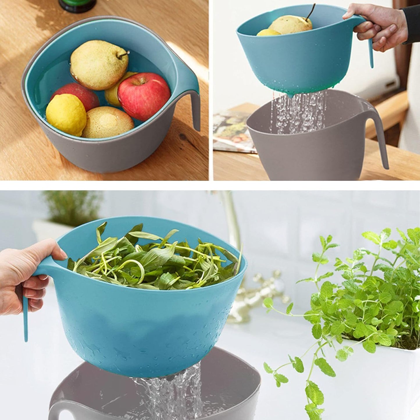 Kitchen Colander and Strainer Bowls Set,2 in 1 Fruit Vegetable Washing Basket for Soaking,Draining Pasta,Rice,Quinoa,Small Grains and Food Mixing-4.5Quart