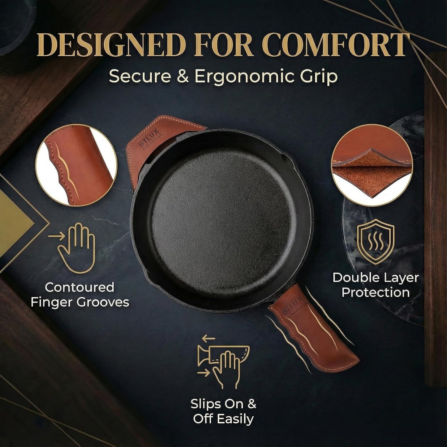Leather Cast Iron Skillet Handle Cover Set of 2, Pan Handle Sleeve