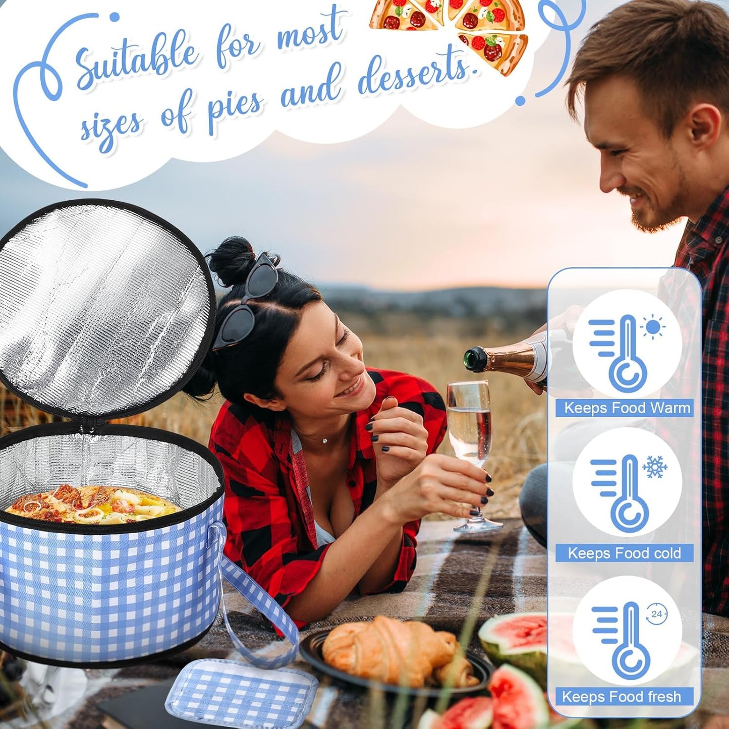 Pickmesh Round Pie Carrier 12 x 7 Inch Insulated Casserole Carriers with Lid and Detachable Handle Cake Carrier for Hot or Cold Food Transport Thanksgiving Christmas Gift (Blue and White Plaid)