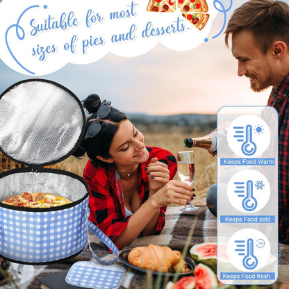 Pickmesh Round Pie Carrier 12 x 7 Inch Insulated Casserole Carriers with Lid and Detachable Handle Cake Carrier for Hot or Cold Food Transport Thanksgiving Christmas Gift (Blue and White Plaid)