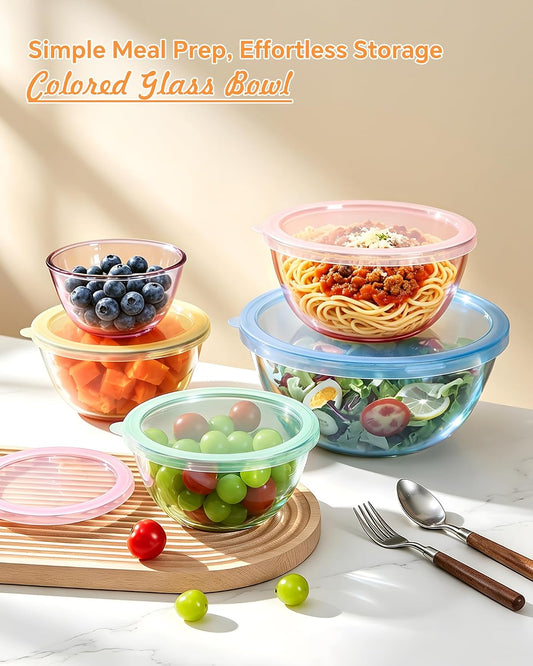 5 Pack Glass Mixing Bowls with Lids Set(4.78QT,2.2QT,1.7QT,1.1QT,0.85QT)