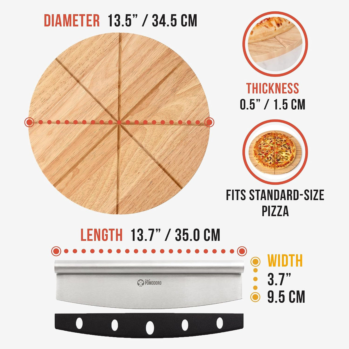 Chef Pomodoro Stainless 14 inch Pizza Cutting Board, Pizza Cutter Combo Set