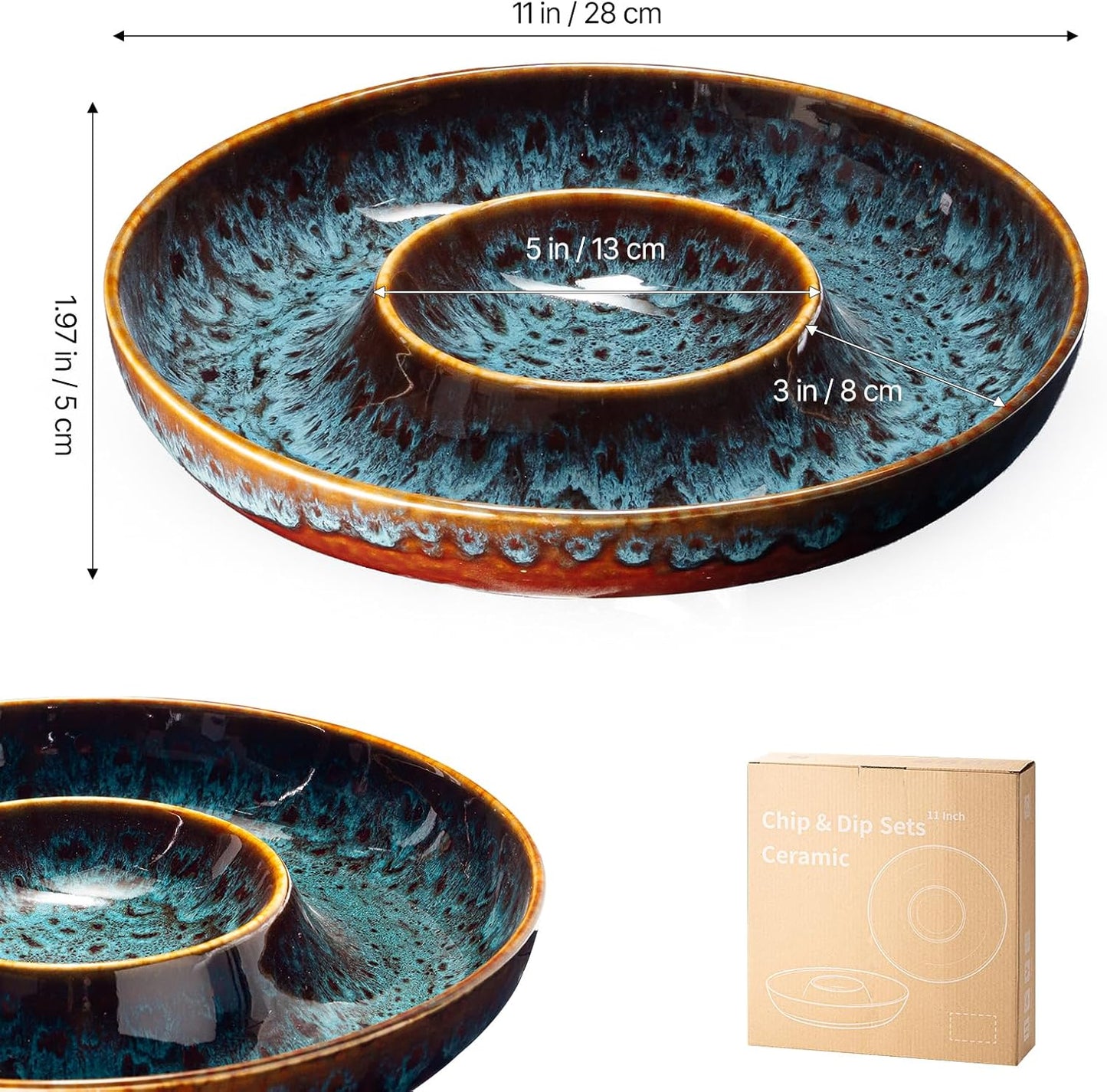 Ceramic Chips and Dip Serving Tray - Large Divided Party Bowl Set for Salsa, Veggies, Fruit & Snacks - Modern Minimalist Appetizer Platter with Unique Kiln-Change Glaze (Verdigris Green)