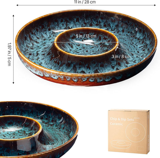Ceramic Chips and Dip Serving Tray - Large Divided Party Bowl Set for Salsa, Veggies, Fruit & Snacks - Modern Minimalist Appetizer Platter with Unique Kiln-Change Glaze (Verdigris Green)