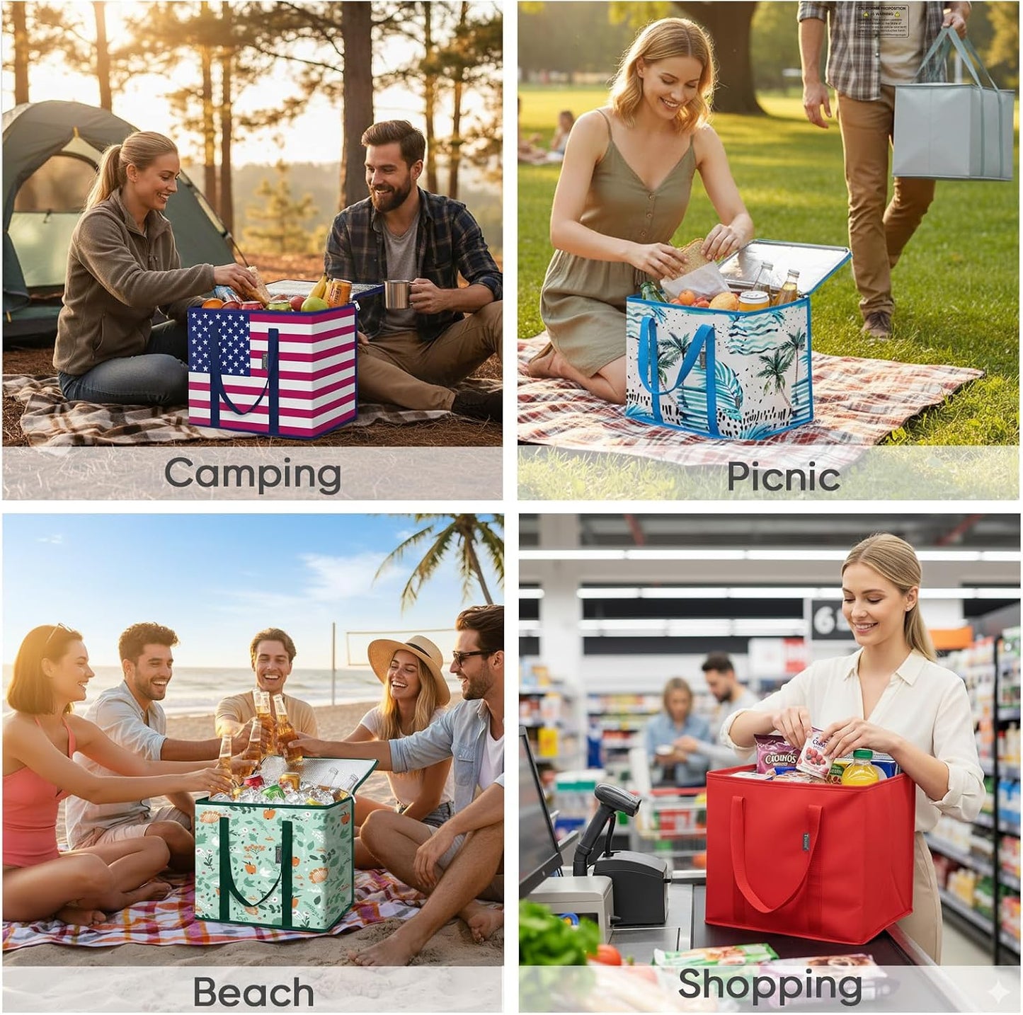 BALEINE 2Pk Insulated Reusable Grocery Bags, Collapsible Cooler Bag for Groceries, Heavy Duty Large Insulated Bag (16''x9''x13'', Antique Foliage)