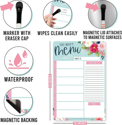 Hadley Designs Weekly Meal Planner Dry Erase Board for Refrigerator, Floral Magnetic Weekly Menu Board for Kitchen Conversion Chart, Meal Planner for Refrigerator, Magnetic Menu Board for Fridge