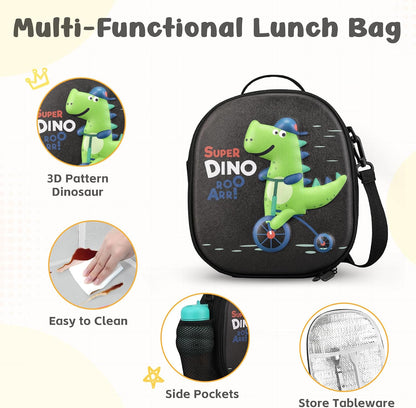 Reusable Insulated Lunch Bag for Kids Teens & Adults with Adjustable Shoulder Strap - Large Durable Lunch Bag Tote for School Travel Picnic Work - Leakproof Design Lunch Carrier (Black -3D Dinosaur)