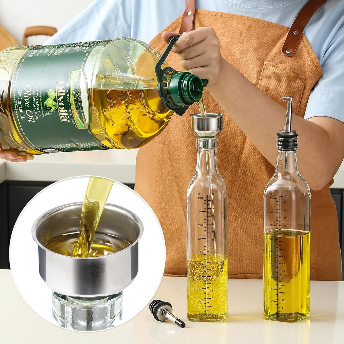 AOZITA 17oz Glass Olive Oil Bottle Dispenser - 500ml Green Oil and Vinegar Cruet with Pourers and Funnel - Olive Oil Carafe Decanter for Kitchen