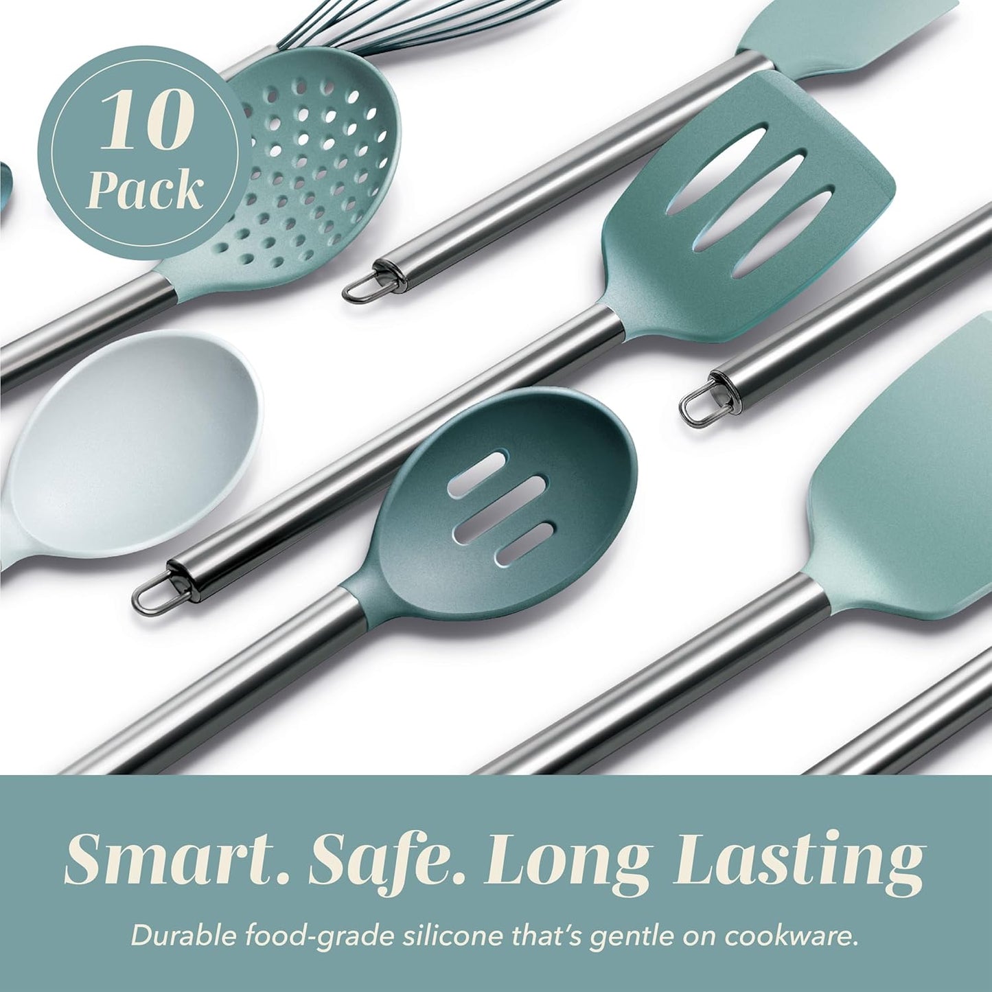 COOK WITH COLOR Silicone Cooking Utensils, Kitchen Utensil Set, Easy to Clean Silicone Kitchen Utensils, Cooking Utensils for Nonstick Cookware, Kitchen Gadgets Set, 38 Piece, Mint