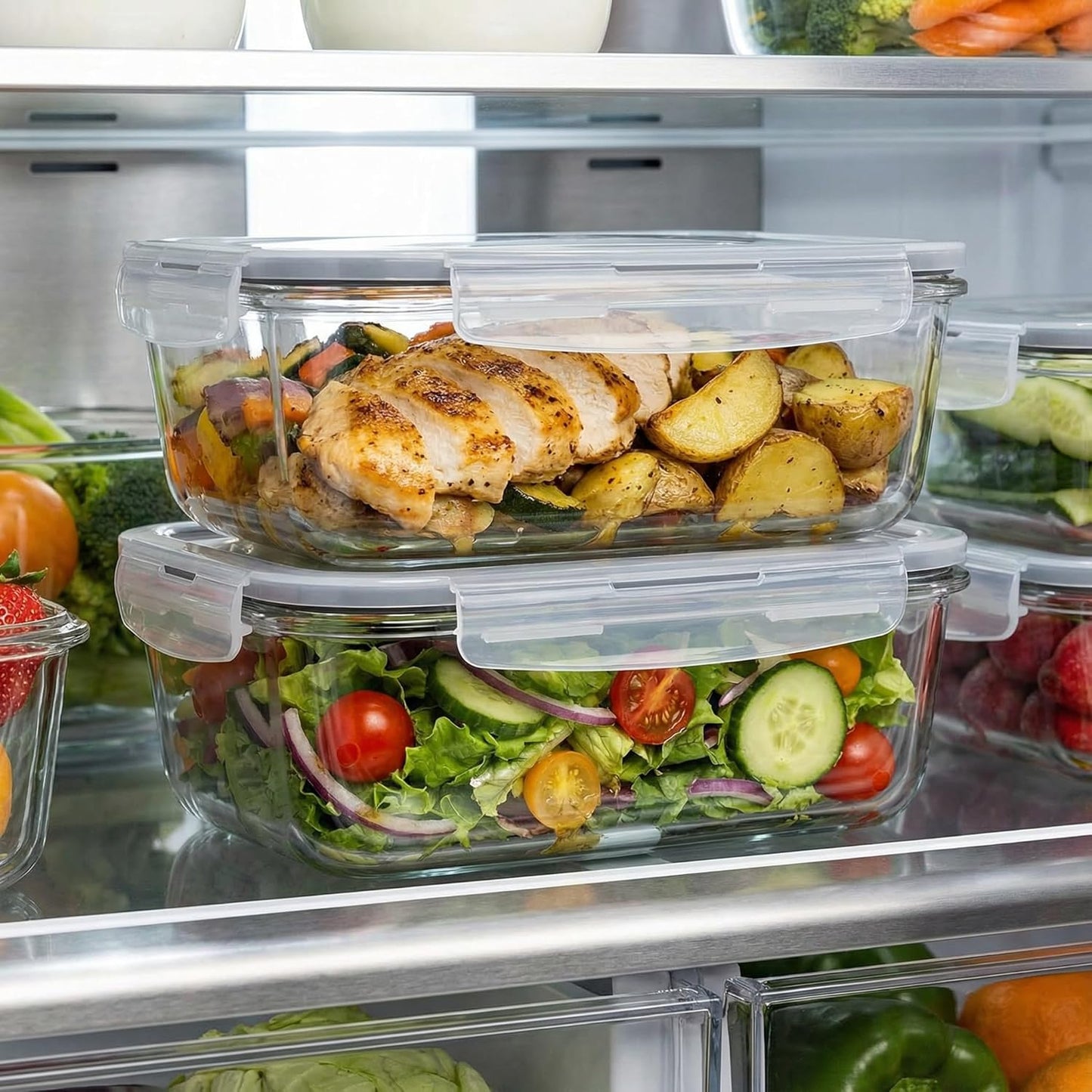2 Pack 63oz Large Glass Storage Containers with Lids Big Airtight Glass Food Storage Containers for Storing food, vegetables or fruits, BPA Free, Freezer Dishwasher Oven Safe (gray)
