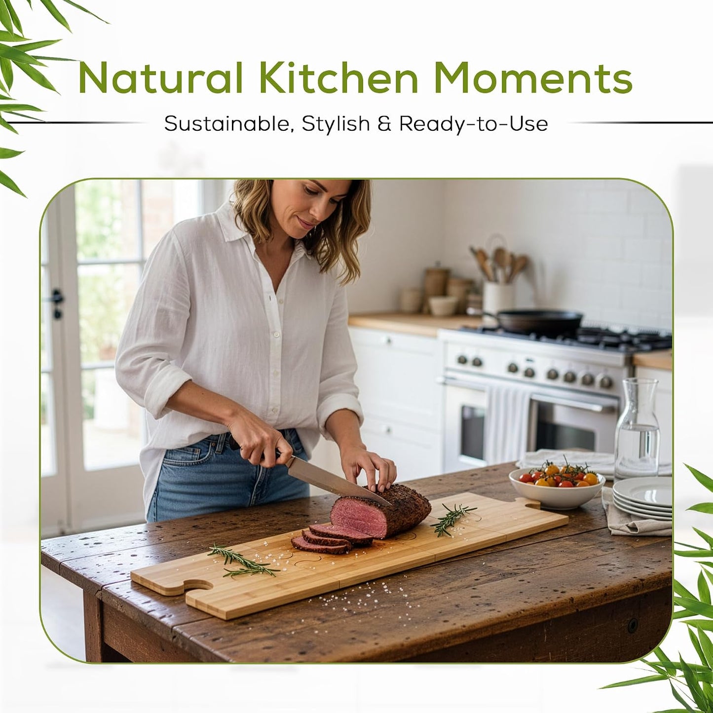 Bamboo Cutting Board Set with Stand – 4 Interlocking Wooden Chopping & Serving Boards for Charcuterie, Cheese Platters, Meal Prep & Entertaining – Eco-Friendly Kitchen Boards