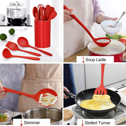 LIANYU 12-Piece Silicone Kitchen Cooking Utensils Set with Holder, Kitchen Tools Include Slotted Spatula Spoon Turner Ladle Tong Whisk, Dishwasher Safe, Dark Blue