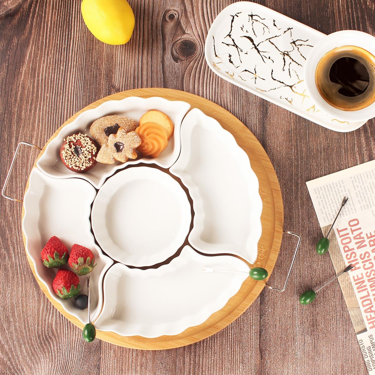 Divided Snack Tray with Lid, 5 Removable Snack Deli Containers with 4 Forks for Party Serving Plate, Fruit Tray with Dips, Snacks, Reusable for Meal Prep, 12.6 Inch
