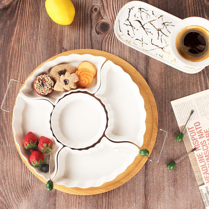 Divided Snack Tray with Lid, 5 Removable Snack Deli Containers with 4 Forks for Party Serving Plate, Fruit Tray with Dips, Snacks, Reusable for Meal Prep, 12.6 Inch