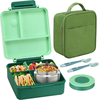 Itslife Bento Lunch Box for Kids with 8oz Soup Thermo&Lunch Bag, Leak-Proof Lunch Food Containers with 4 Compartment, Hot Food Insulated Food Jar for Kids School (Green)