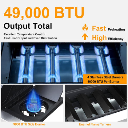 69000 BTU Output Propane Gas Grill with Side Burner and 6 Main Burners - Double-layer Stainless Steel Lid, Cast Iron Grids and Plate, Easy-Clean Grease Management for Perfect BBQs
