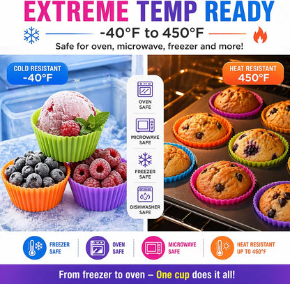 Cupcake Liners - Reusable Silicone Cupcake Baking Cups - Non-Stick Baking Muffins Mold - Use As Lunch Box Dividers - Set of 12 Kitchen Accessories - Great Gift Idea
